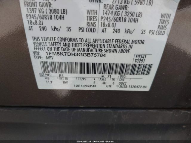 1FM5K7DH3GGB75784 Ford EXPLORER XLT