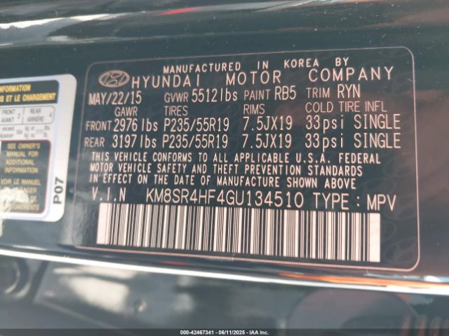 KM8SR4HF4GU134510 Hyundai Santa Fe Limited