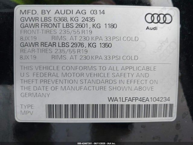 WA1LFAFP4EA104234 Audi 2.0t