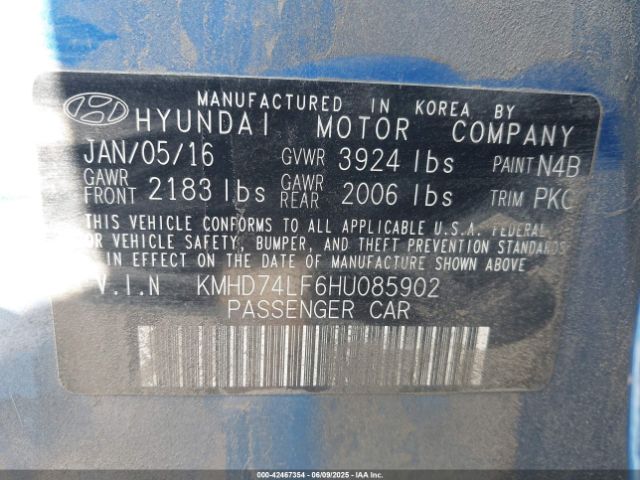 KMHD74LF6HU085902 Hyundai ELANTRA SE