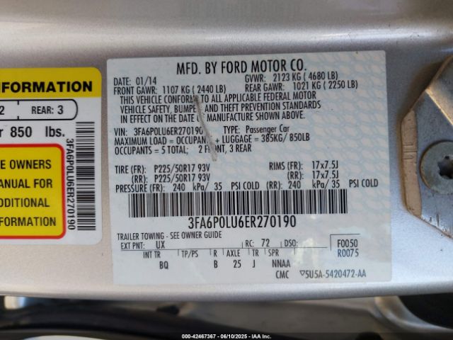 3FA6P0LU6ER270190 Ford Fusion Hybrid Se