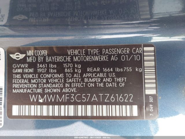 2010 MINI COOPER WMWMF3C57ATZ61622 Photo 8