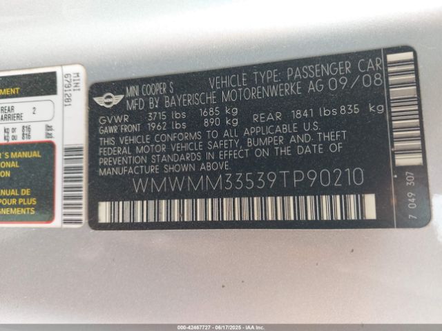 2009 MINI COOPER S CLUBMAN WMWMM33539TP90210 Photo 8