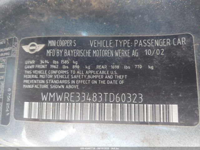 2003 MINI COOPER S WMWRE33483TD60323 Photo 8