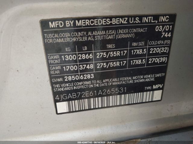 2001 MERCEDES-BENZ ML 430 4JGAB72E61A265531 Photo 8