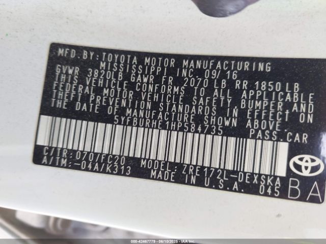 5YFBURHE1HP584735 Toyota 2zr-fe