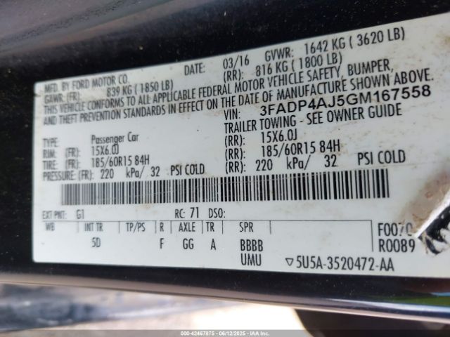 3FADP4AJ5GM167558 Ford 1.6l ti-vct premium fuel