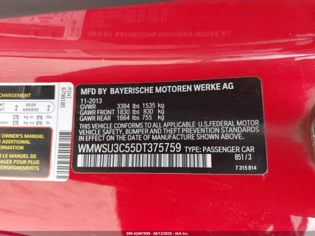 2013 MINI HARDTOP WMWSU3C55DT375759 Photo 8