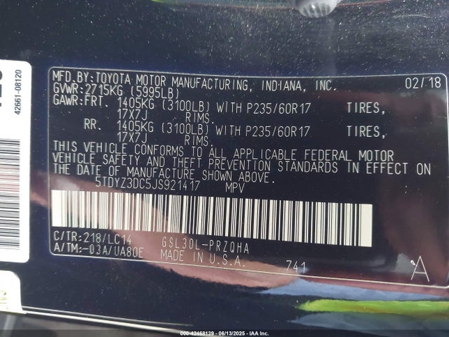 5TDYZ3DC5JS921417 Toyota 2gr-fks