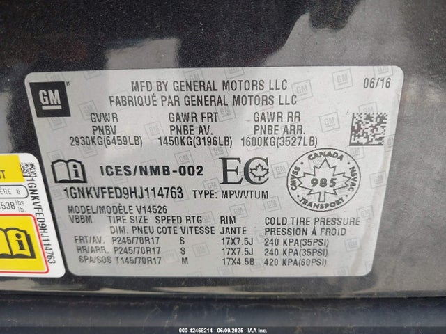 1GNKVFED9HJ114763 Chevrolet Traverse Ls