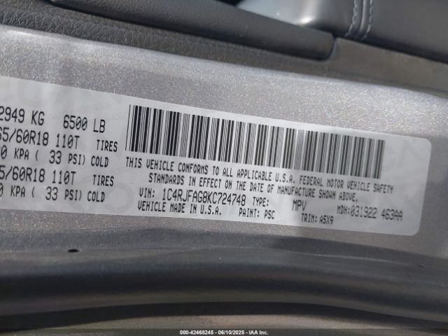 2019 JEEP GRAND CHEROKEE 1C4RJFAG8KC724748 Photo 8