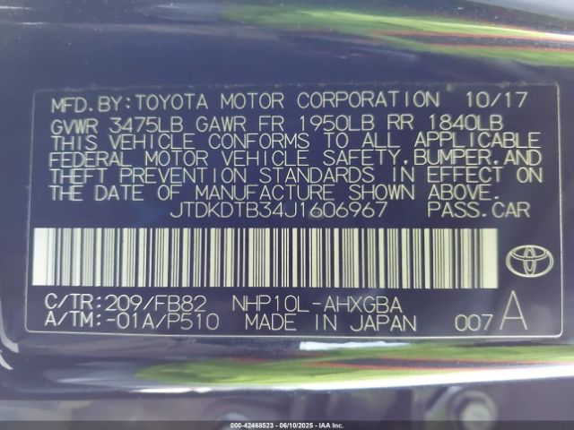 JTDKDTB34J1606967 Toyota Prius C Three