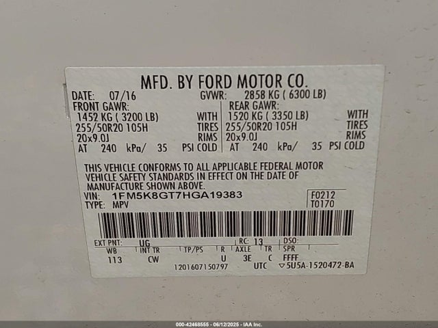 1FM5K8GT7HGA19383 Ford 3.5l gtdi