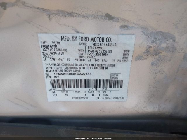 2019 FORD EXPLORER 1FM5K8D83KGA27455 Photo 8