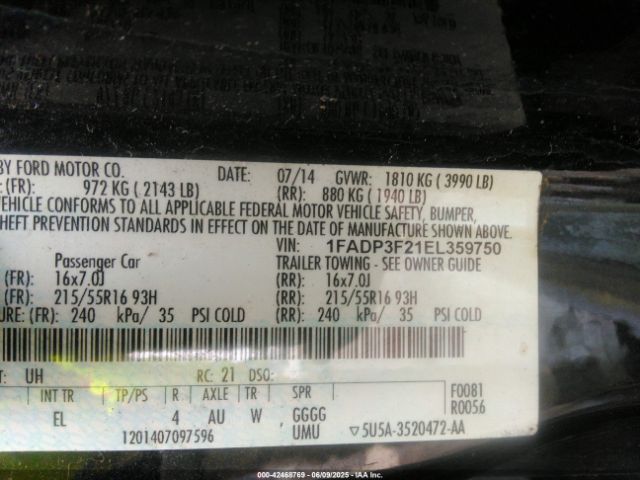 1FADP3F21EL359750 Ford FOCUS SE