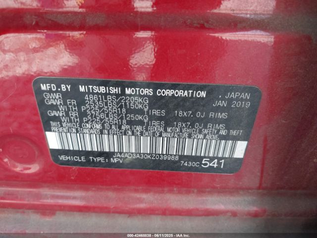 2019 MITSUBISHI OUTLANDER JA4AD3A30KZ039988 Photo 8