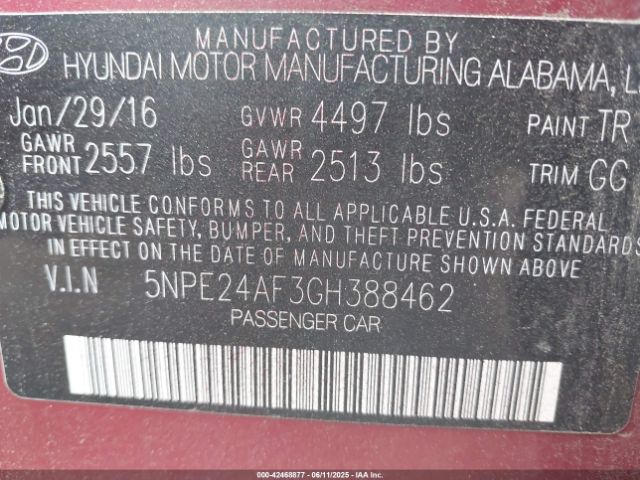 5NPE24AF3GH388462 Hyundai Sonata
