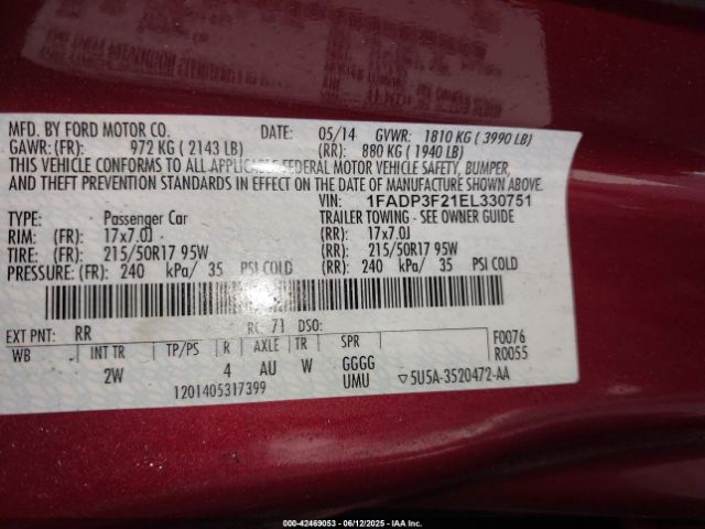1FADP3F21EL330751 Ford FOCUS SE