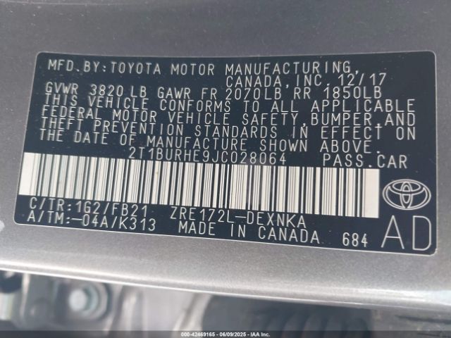 2T1BURHE9JC028064 Toyota COROLLA LE