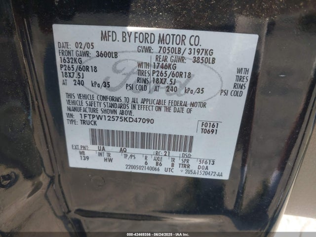 Продаж на аукціоні авто 2005 Ford F-150 Lariat/xlt, vin: 1FTPW12575KD47090, номер лоту: 42469356