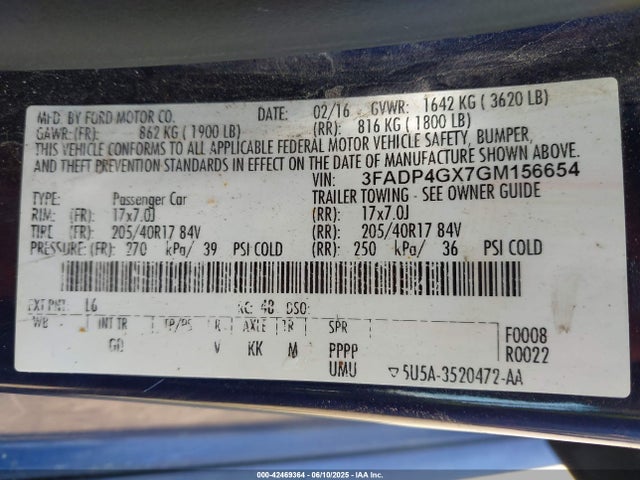3FADP4GX7GM156654 Ford 1.6l gtdi