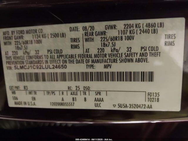 2020 LINCOLN CORSAIR 5LMCJ1C92LUL24650 Photo 8