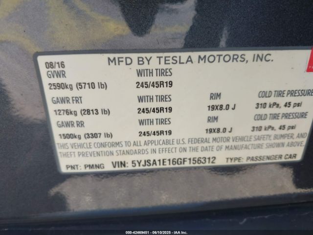 2016 TESLA MODEL S 5YJSA1E16GF156312 Photo 8