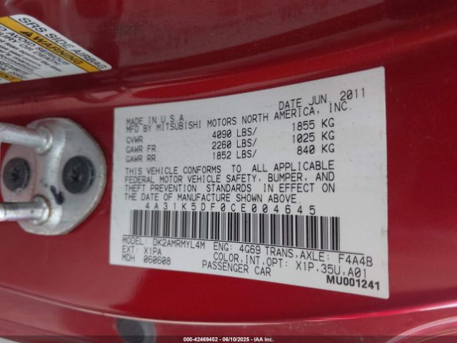 2012 MITSUBISHI ECLIPSE 4A31K5DF0CE004645 Photo 8