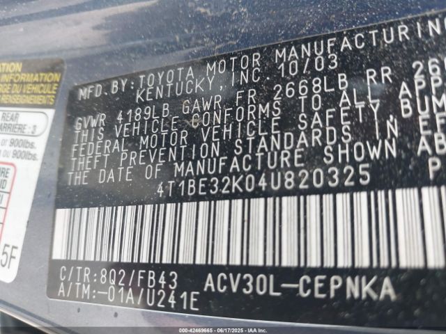 2004 TOYOTA CAMRY 4T1BE32K04U820325 Photo 8