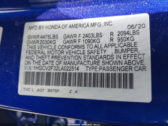 1HGCV2F32LA022514 Honda Accord Sport 2.0t