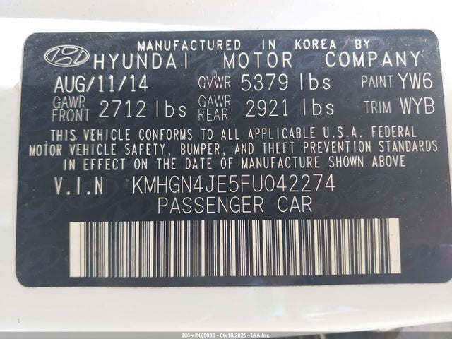 KMHGN4JE5FU042274 Hyundai gasoline 3.8 dohc mpi lambda