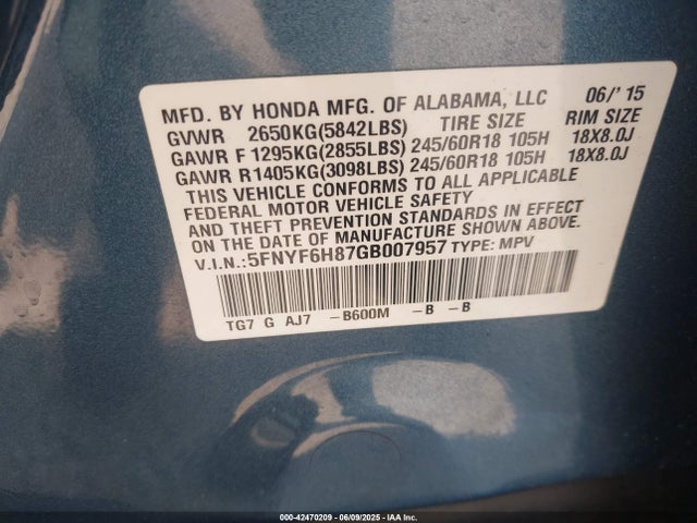5FNYF6H87GB007957 Honda j35y6