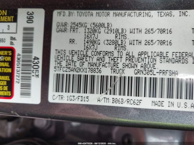 5TFCZ5AN2KX178836 Toyota 2gr-fks