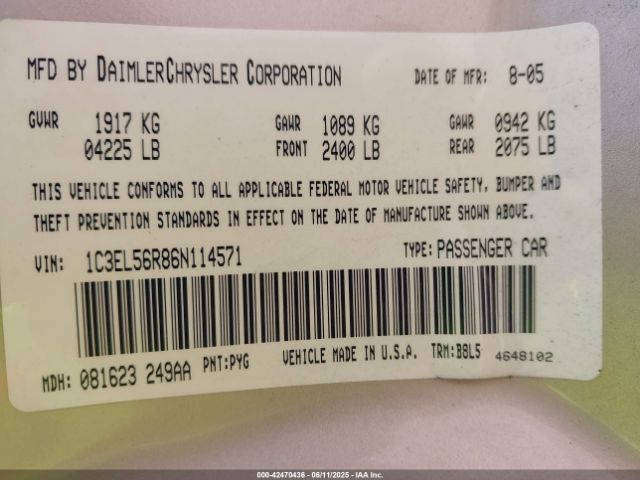 2006 CHRYSLER SEBRING 1C3EL56R86N114571 Photo 8
