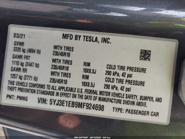 2021 TESLA MODEL 3 5YJ3E1EB9MF924698 Photo 8