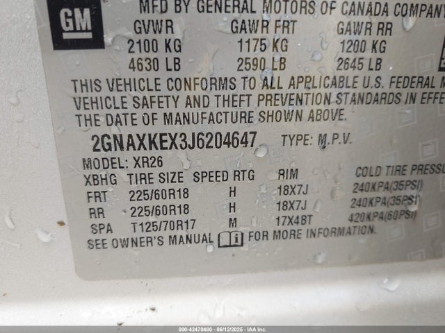 2GNAXKEX3J6204647 Chevrolet ltg - spark ignited direct injection, alum dohc, variable valve timing, dcvcp turbo, e0-e100, alum