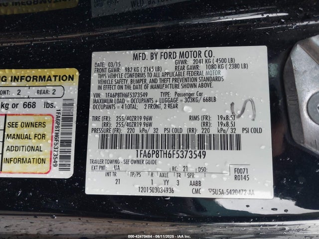 42470484 :رقم المزاد ، 1FA6P8TH6F5373549 vin ، 2015 Ford Mustang Ecoboost مزاد بيع