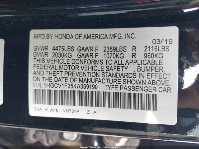 1HGCV1F35KA069190 Honda l15be