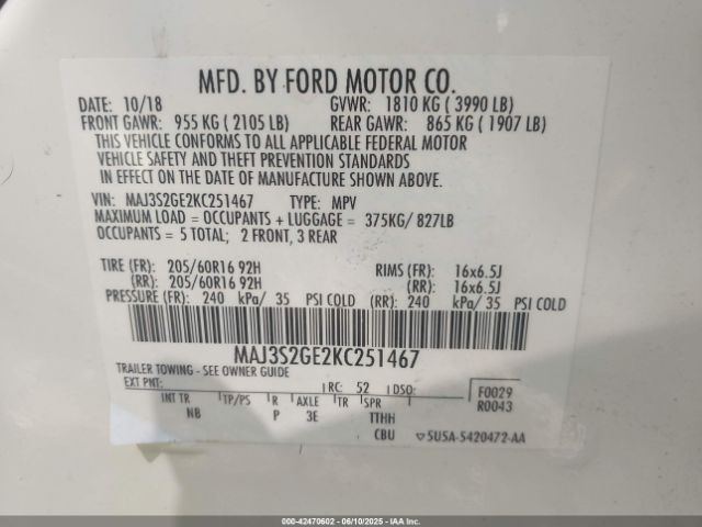 MAJ3S2GE2KC251467 Ford Ecosport Se