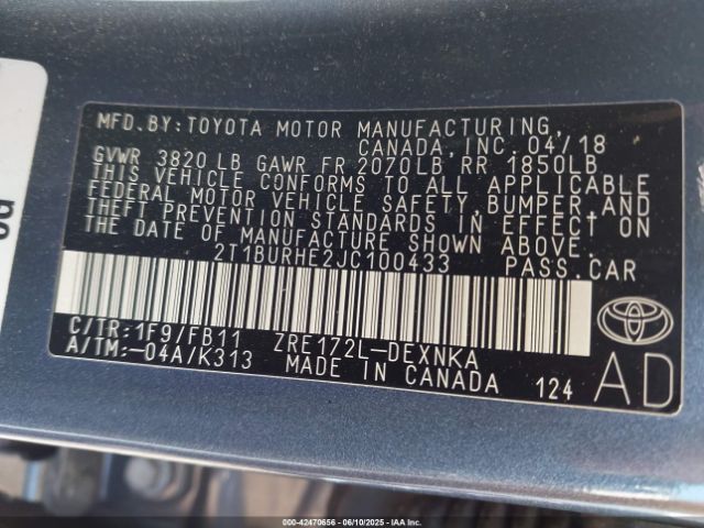 2018 TOYOTA COROLLA 2T1BURHE2JC100433 Photo 8