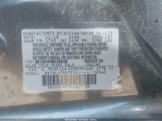 3N1CN7AP9KL839138 Nissan 2019