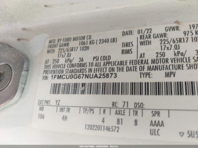 1FMCU0G67NUA25873 Ford ESCAPE SE