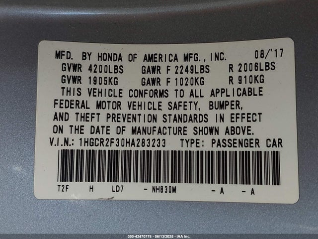 1HGCR2F30HA283233 Honda k24w1