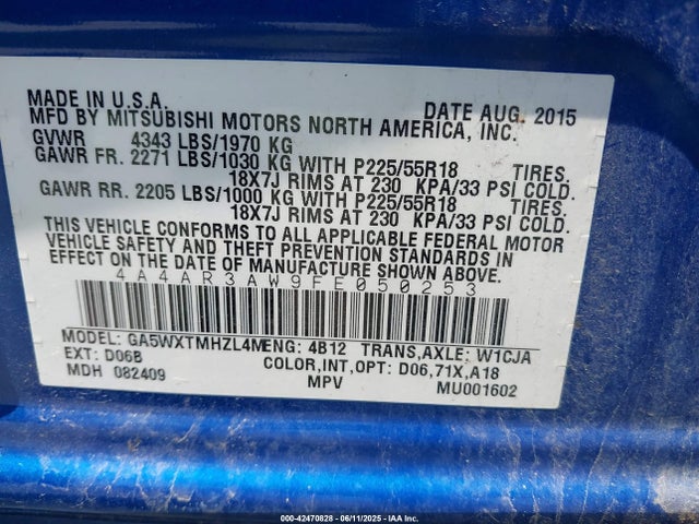 4A4AR3AW9FE050253 Mitsubishi Outlander Sport Es