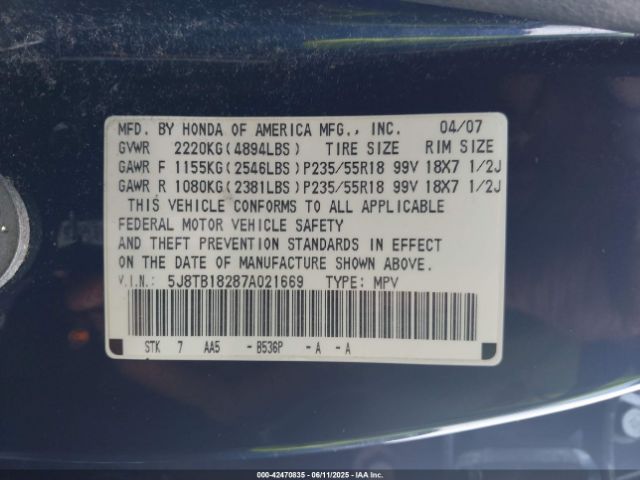 2007 ACURA RDX 5J8TB18287A021669 Photo 8