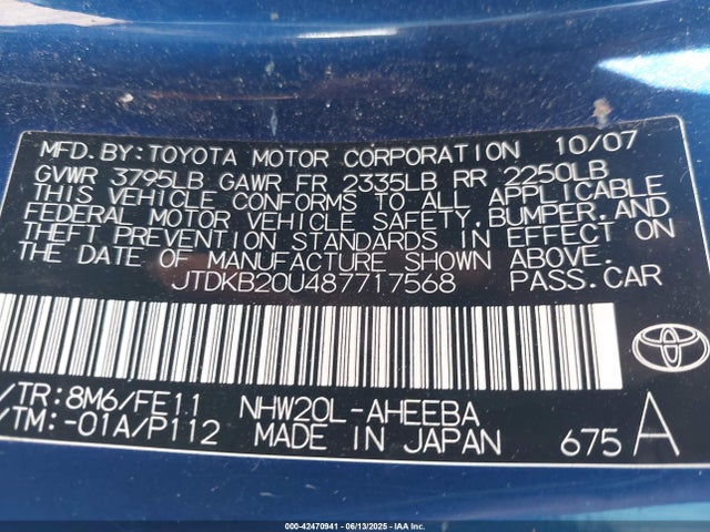 Продажа на аукционе авто 2008 Toyota Prius, vin: JTDKB20U487717568, номер лота: 42470941
