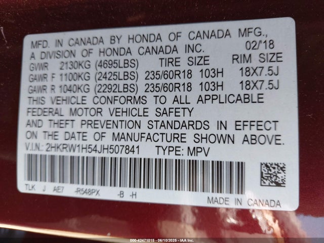 2HKRW1H54JH507841 Honda l15be