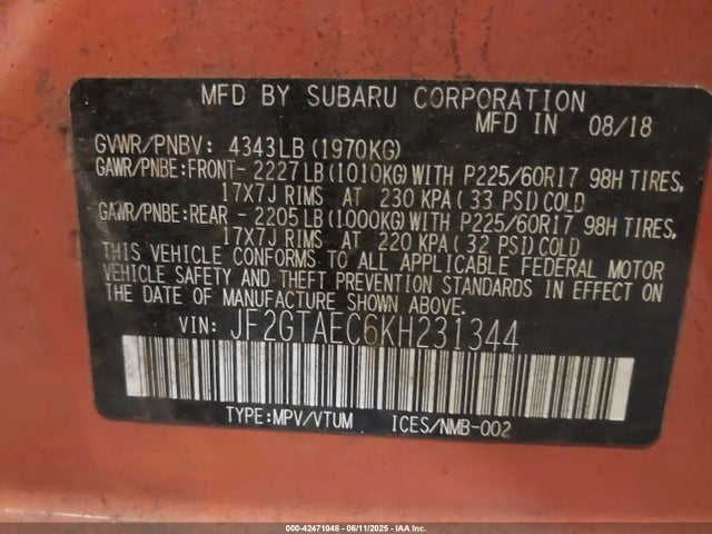JF2GTAEC6KH231344 Subaru naturally aspirated