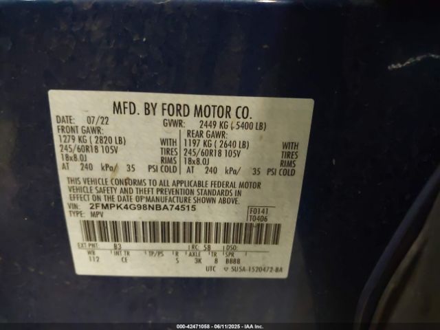 2FMPK4G98NBA74515 Ford EDGE SE