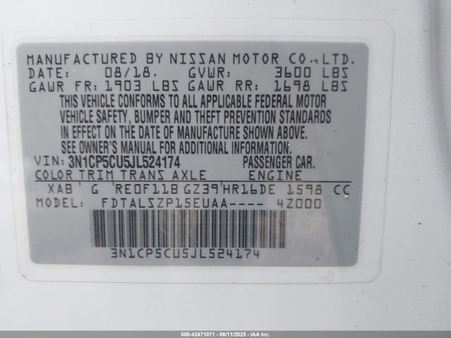 3N1CP5CU5JL524174 Nissan 2018